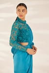 Buy_Ilk_Blue Silk Embroidered Bead Band Smocked Saree With Embellished Blouse  _Online_at_Aza_Fashions