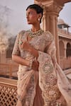 Shop_Kaaisha by Shalini_Beige Organza Embellished Dabka V Neck Thread Saree With Blouse _Online_at_Aza_Fashions