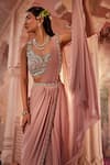 Buy_Kaaisha by Shalini_Pink Italian Georgette Embellished Bead Border Pre-draped Saree With Blouse _Online_at_Aza_Fashions