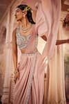 Shop_Kaaisha by Shalini_Pink Italian Georgette Embellished Bead Border Pre-draped Saree With Blouse _Online_at_Aza_Fashions