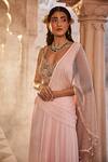 Buy_Kaaisha by Shalini_Peach Italian Georgette Embellished Crystal Pre-draped Saree With Blouse _Online_at_Aza_Fashions