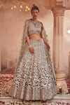 Buy_Kaaisha by Shalini_Green Silk Embroidery Beads Scallop V Neck Geometric Bridal Lehenga Set _at_Aza_Fashions