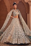 Shop_Kaaisha by Shalini_Green Silk Embroidery Beads Scallop V Neck Geometric Bridal Lehenga Set _Online_at_Aza_Fashions