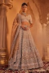 Buy_Kaaisha by Shalini_Beige Organza Embroidered Pearls Plunged Leaf Bridal Lehenga Set  _at_Aza_Fashions