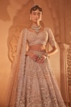 Kaaisha by Shalini_Beige Organza Embroidered Pearls Plunged Leaf Bridal Lehenga Set  _Online_at_Aza_Fashions