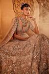 Kaaisha by Shalini_Beige Organza Embroidered Pearls Plunged Leaf Bridal Lehenga Set  _at_Aza_Fashions