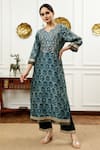 Sheeshakari_Blue Silk Embroidered Resham Notched Abstract Blossom Pattern Kurta Pant Set _Online_at_Aza_Fashions