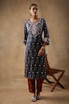 Sheeshakari_Blue Silk Embroidered Resham Floral Blossom Handblock Print Kurta Pant Set _Online_at_Aza_Fashions