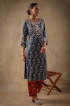 Buy_Sheeshakari_Blue Silk Embroidered Resham Floral Blossom Handblock Print Kurta Pant Set _Online_at_Aza_Fashions