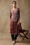 Sheeshakari_Red Silk Embroidered Resham Round Blossom Handblock Print Kurta Pant Set _Online_at_Aza_Fashions