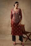 Sheeshakari_Red Silk Embroidered Mirrorwork Round Floral Handblock Print Kurta Pant Set _Online_at_Aza_Fashions