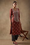 Buy_Sheeshakari_Red Silk Embroidered Mirrorwork Round Floral Handblock Print Kurta Pant Set _Online_at_Aza_Fashions