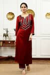 Buy_Sheeshakari_Brown Silk Embellished Mirrorwork Notched Bead Embroidered Kurta With Pant _at_Aza_Fashions