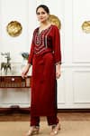 Sheeshakari_Brown Silk Embellished Mirrorwork Notched Bead Embroidered Kurta With Pant _Online_at_Aza_Fashions