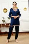 Sheeshakari_Blue Silk Embellished Mirrorwork Bead Embroidered Border Kurta With Harem Pant _Online_at_Aza_Fashions