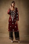 Sheeshakari_Red Velvet And Silk Embroidered Gota U-neck Heart Pattern Kurta Pant Set _Online_at_Aza_Fashions