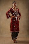 Buy_Sheeshakari_Red Velvet And Silk Embroidered Gota U-neck Heart Pattern Kurta Pant Set _Online_at_Aza_Fashions