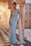 Buy_Kaaisha by Shalini_Blue Embroidered Metallic Pipes Round Rhinestone Embellished Draped Corset Gown _at_Aza_Fashions