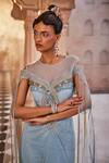 Kaaisha by Shalini_Blue Embroidered Metallic Pipes Round Rhinestone Embellished Draped Corset Gown _at_Aza_Fashions