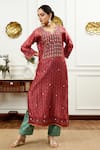 Sheeshakari_Red Silk Embroidered Mirror Notched And Resham Work Kurta Pant Set _Online_at_Aza_Fashions