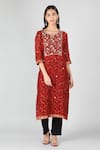 Sheeshakari_Red Silk Embroidered Mirror Notched Floral Vine Pattern Kurta Pant Set _Online_at_Aza_Fashions