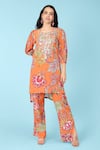 Buy_Sajeda A Lehry_Orange Crepe Printed And Hand Embroidered Floral Gabby Kurta & Pant Set _at_Aza_Fashions