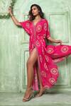 Buy_Sajeda A Lehry_Pink Crepe Fringe V-neck Sophie Floral Print Gathered Kaftan_at_Aza_Fashions