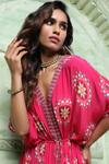 Sajeda A Lehry_Pink Crepe Fringe V-neck Sophie Floral Print Gathered Kaftan_Online_at_Aza_Fashions