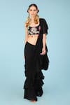 Buy_Sajeda A Lehry_Black Georgette Printed And Hand Embroidered Yasha Pre-draped Saree With Blouse _at_Aza_Fashions