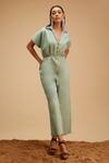 Buy_Bohobi_Green Cotton, Linen Beads Shawl Neck Boho Chic Jumpsuit _at_Aza_Fashions