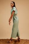 Bohobi_Green Cotton, Linen Beads Shawl Neck Boho Chic Jumpsuit _Online_at_Aza_Fashions