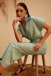 Bohobi_Green Cotton, Linen Beads Shawl Neck Boho Chic Jumpsuit _at_Aza_Fashions
