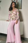 Buy_Nea by Nikita Tiwari_Pink Viscose Georgette Hand Embroidery Guldasta Peplum Top With Pant  _at_Aza_Fashions