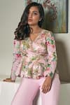 Nea by Nikita Tiwari_Pink Viscose Georgette Hand Embroidery Guldasta Peplum Top With Pant  _Online_at_Aza_Fashions