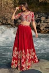 Buy_Nea by Nikita Tiwari_Maroon Viscose Georgette Hand Embroidery Parrot V Guldasta Blouse Lehenga Set _at_Aza_Fashions