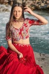 Buy_Nea by Nikita Tiwari_Maroon Viscose Georgette Hand Embroidery Parrot V Guldasta Blouse Lehenga Set _Online_at_Aza_Fashions