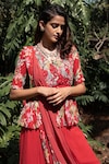 Shop_Nea by Nikita Tiwari_Red Viscose Floral Pattern Pre-draped Saree With Peplum Blouse _at_Aza_Fashions