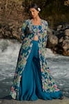 Shop_Nea by Nikita Tiwari_Blue Viscose Georgette Embroidered Floral Pattern Jacket Sharara Set _at_Aza_Fashions