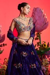 Buy_Nea by Nikita Tiwari_Purple Velvet Embroidered Zari V Neck Cutwork Lehenga Set _Online_at_Aza_Fashions