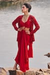 Buy_Nidhika Shekhar_Red Crepe Chamane-e-bahaar Pre-draped Saree Set With Blazer _at_Aza_Fashions