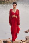 Nidhika Shekhar_Red Crepe Chamane-e-bahaar Pre-draped Saree Set With Blazer _Online_at_Aza_Fashions