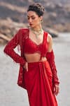 Buy_Nidhika Shekhar_Red Crepe Chamane-e-bahaar Pre-draped Saree Set With Blazer _Online_at_Aza_Fashions