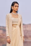 Nidhika Shekhar_Gold Silk Jalsaa E Gul Bahar Pre-draped Saree Set With Cape _Online_at_Aza_Fashions