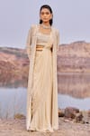 Buy_Nidhika Shekhar_Gold Silk Jalsaa E Gul Bahar Pre-draped Saree Set With Cape _Online_at_Aza_Fashions