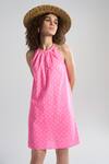 Buy_Terra Luna_Pink Cotton Halter Neck Lunar Polka Print Dress _at_Aza_Fashions