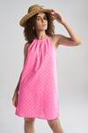 Terra Luna_Pink Cotton Halter Neck Lunar Polka Print Dress _Online_at_Aza_Fashions