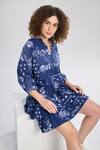 Terra Luna_Blue , Handloom V-neck Cosmic Medley Print Dress _Online_at_Aza_Fashions