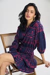 Terra Luna_Blue 100% Organic Handloom Cotton Print Boho Moon V Cosmic Medley Short Dress _Online_at_Aza_Fashions