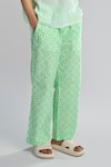 Buy_Terra Luna_Green 100% Organic Handloom Oxford Cotton Aurora Pattern Wide Leg Lounge Trouser _Online_at_Aza_Fashions