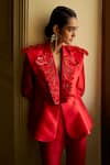 Pankaj & Nidhi_Red Jacket Satin Twill Embellished The Xv Intagliare Pant Set  _Online_at_Aza_Fashions